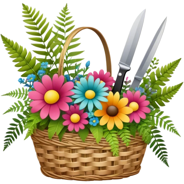 Icon for Floristry: a woven basket with flowers, reeds, ferns, bright ribbons and a small plush toy. Add scissors and knife. The icon should represent creativity in flower arrangement and decorative design. Transparent background. emoji