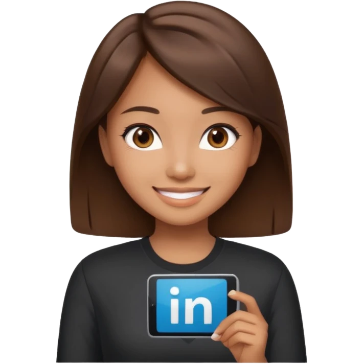 Asian girl with brown dark hair and dark brown eyes in a corporate top smiling holding her LinkedIn  emoji