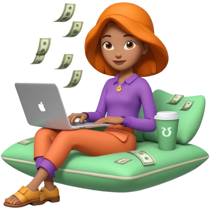 3D clay woman character relaxed with laptop and coffee in Paris, floating icons (dollars), colofrful modern outfit, white laptop, Pixar style, transparent background emoji