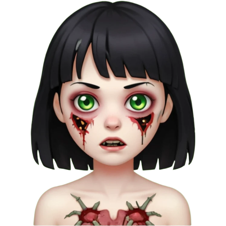 Um zumbi feminino, com cabelo preto e franja, machucados pelo rosto e torso emoji