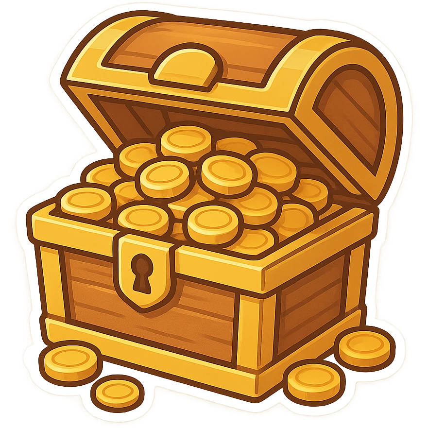 一个金色的宝箱，宝箱里面有许多金币 emoji