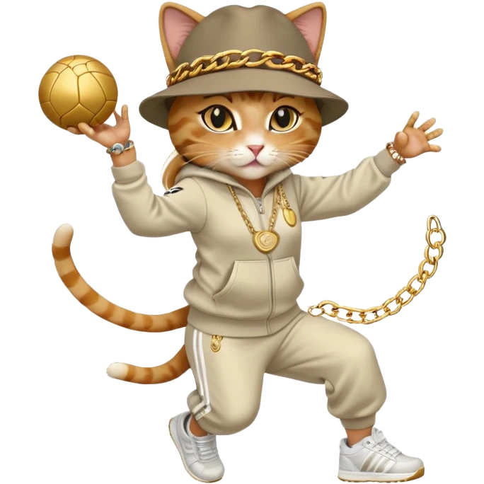 female cat dressed like Run DMC in tracksuit, fedora, Adidas shoes, lots of gold chains, rings, bracelets, earrings, catching a ball high in the air, no sunglasses emoji