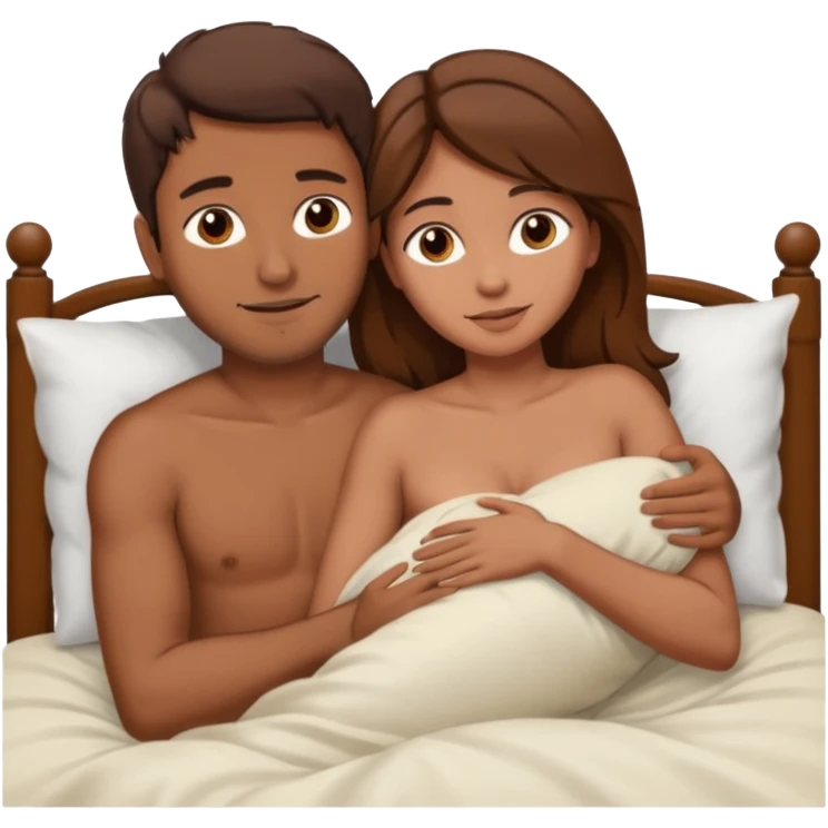 Brown Man with brown hair woman naked hugging sex in bed emoji