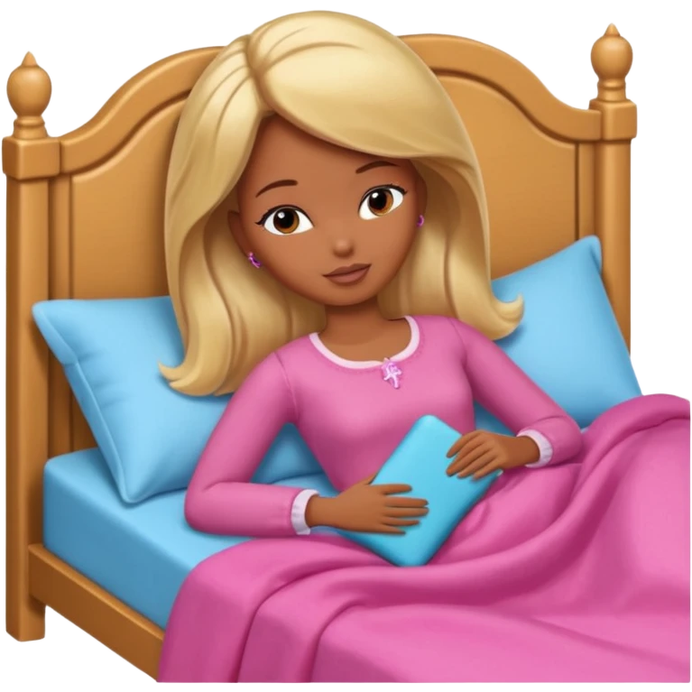 Brown skin blonde hair Barbie sleeping in bed  emoji