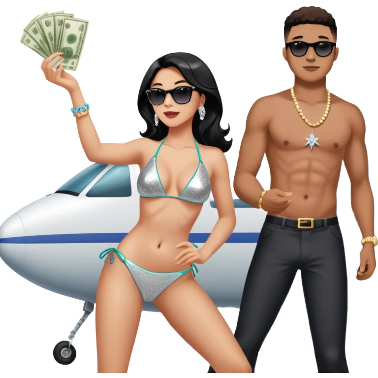 tefi valenzuela wearing diamond sparkle un top bikini and josh king madrid standing on private plane throwing money at her emoji