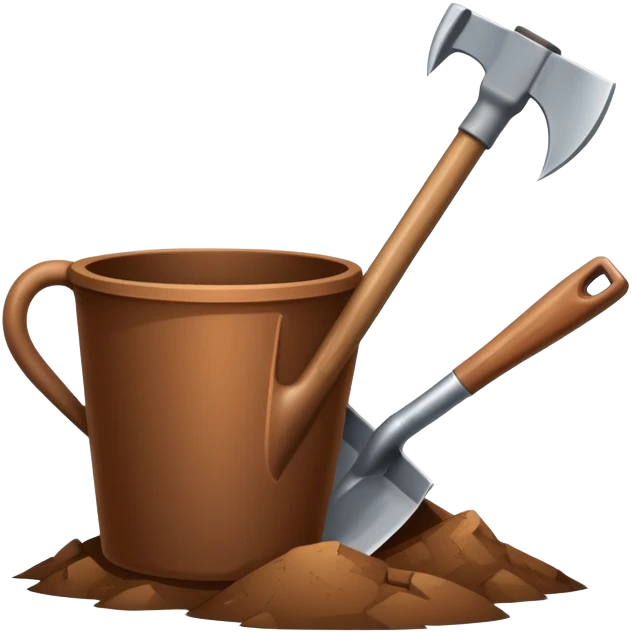 An icon featuring a shovel, pickaxe, and an ancient artifact like a broken pot, symbolizing the essentials of archaeology. The design focuses on the tools of excavation and discovery, with minimal detail for a clean, recognizable look. Transparent background. emoji