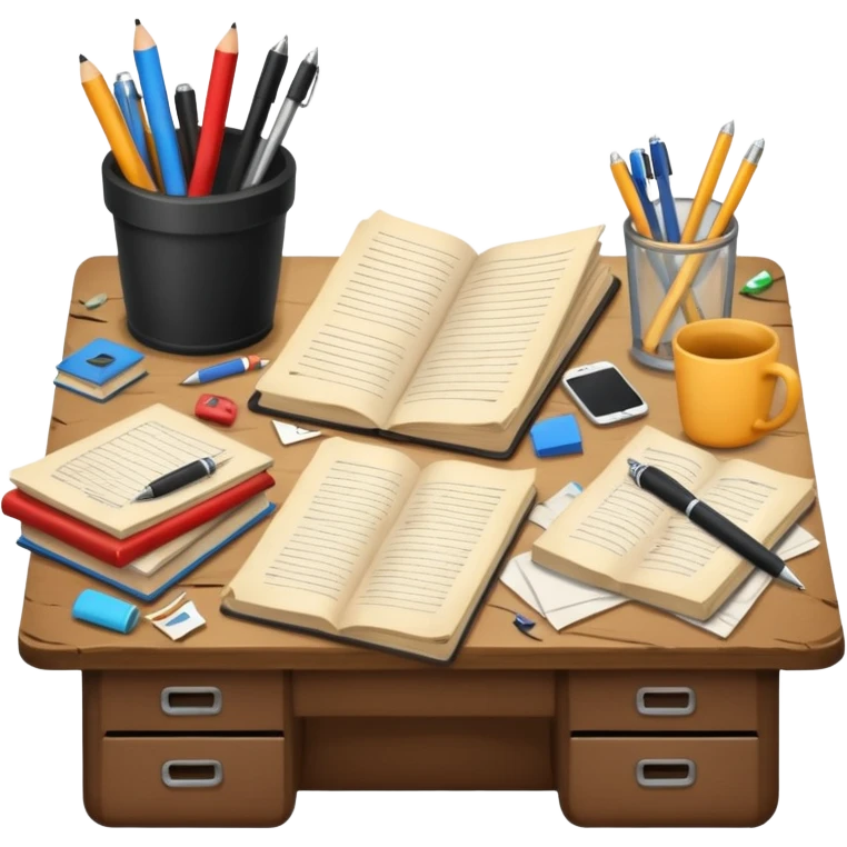 Messy Desk with books and pens emoji