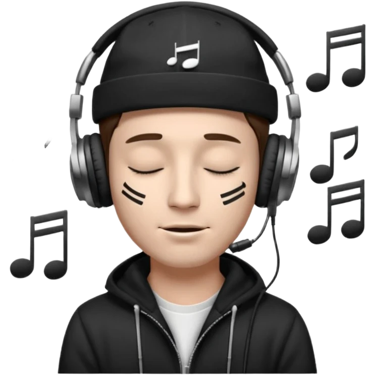 dj man white with baseball cap - rayban glasses - brown hair - closed eyes with headphones on with musical note over head (listening to music ) - eyes closed no glasses - black hat  musical notes floating around head - NO GLASSES emoji
