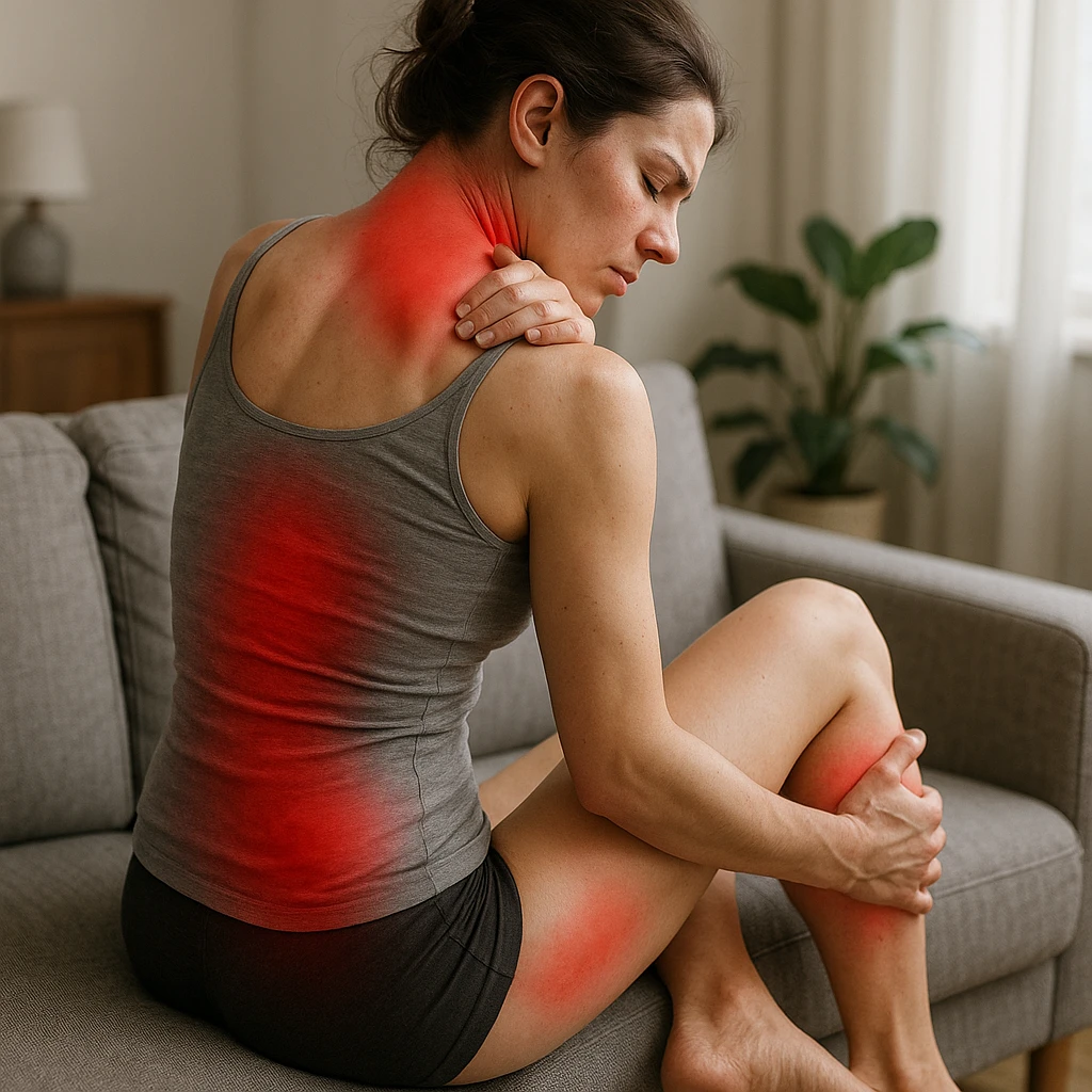 hyperrealistic woman sitting with a suffering posture, realistic body with red areas on back, neck, and legs indicating widespread pain, realistic anatomical details, 4K quality, domestic environment emoji