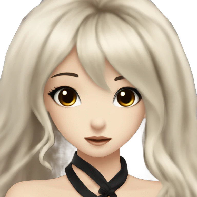 hime gyaru girl with LONG SILKY BLACK HAIR, with black satin halter top with chest, very pale skin and pretty brown monolid eyes emoji