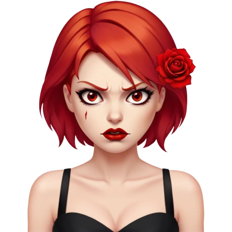 a beautiful very angry woman with red hair and red eyes. The woman wear a black little cutted dress. She have red lipstick and she have a seductive look. She have a rose flower in her hair. Angry face emoji