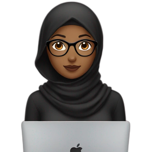 Brown girl with black hijab and black glasses in front of MacBook 💻  emoji