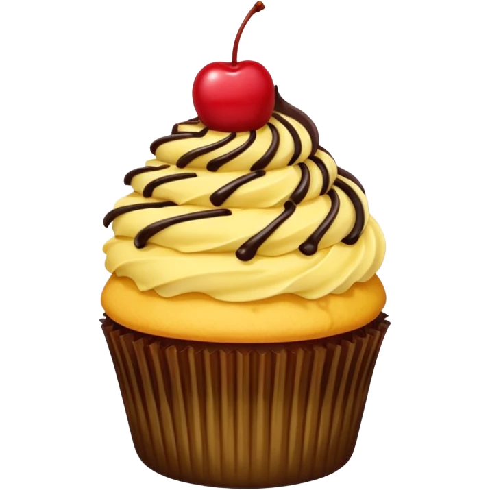 Vanilla cupcake with yellow frosting, chocolate drizzle & a cherry on top  emoji