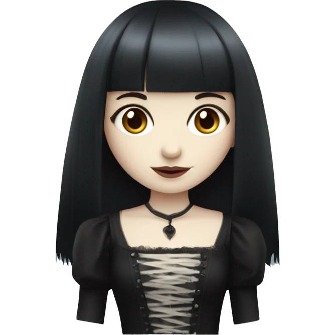 girl that has white skin and Long Dark red hair and fringe bangs and is wearing gothic dress emoji