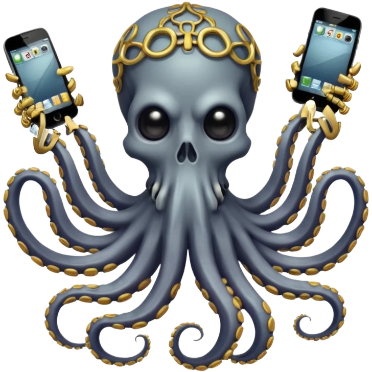 Intimidating octopus skeleton. Evil looking eyes, wearing a gold necklace. 2 tentacles are holding their own cellphones with one held up to its ear, 2 other tentacles are holding stacks of money emoji