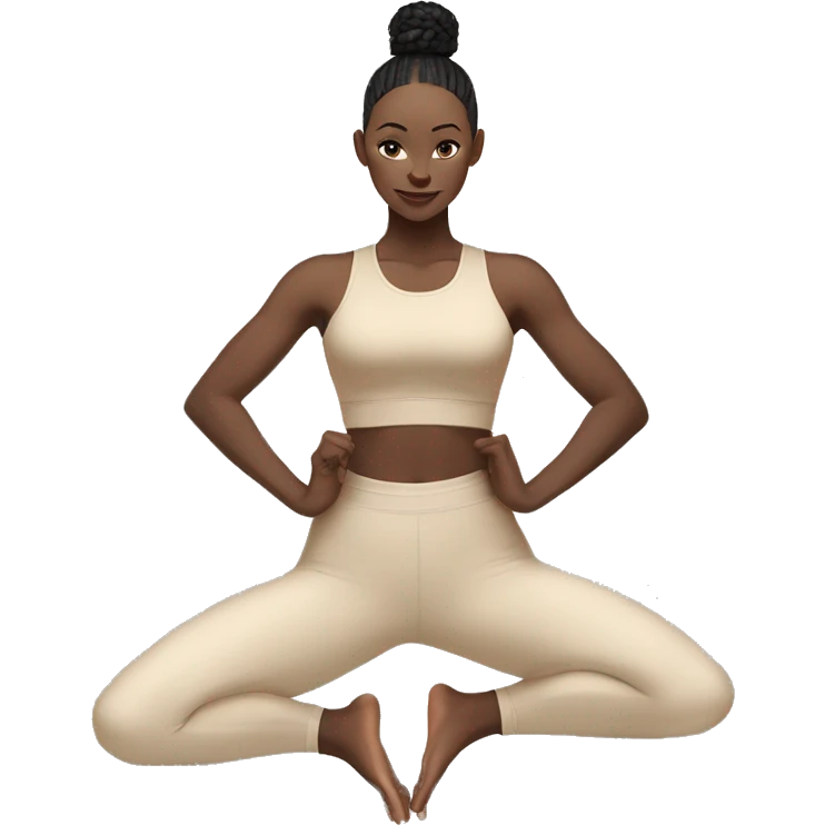 Pale skinned fit women in a beige tight yoga suit and wristbands with black hair in a bun doing yoga emoji