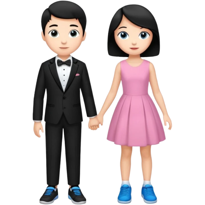 generate a pretty bratz fair skinned boy with short black hair wearing a black tux with blue sneakers with a girl in a pink dress emoji