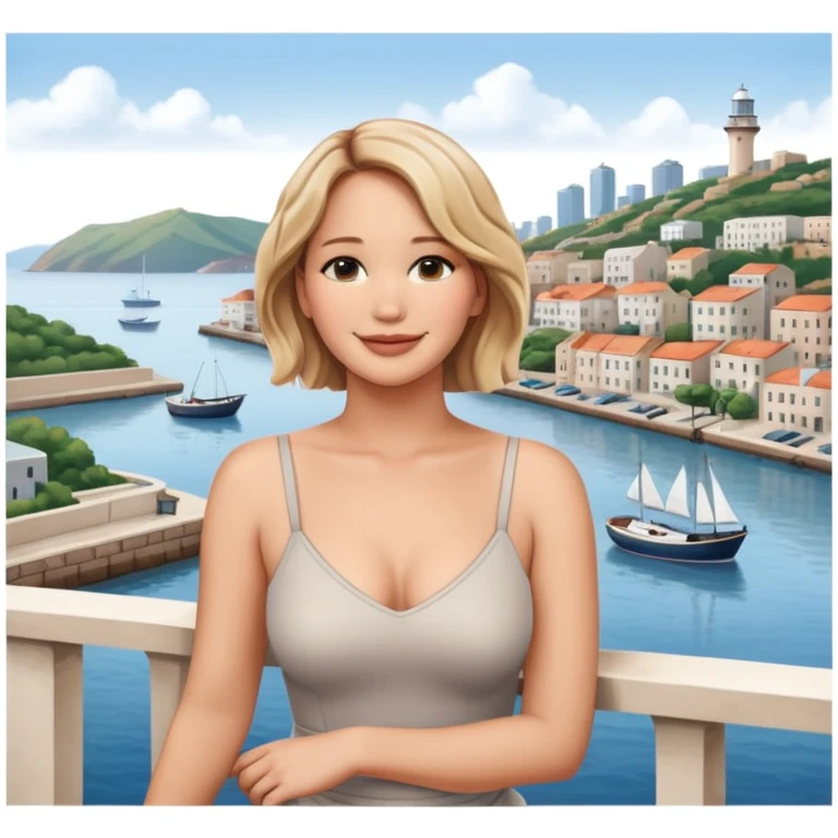jennifer lawrence, leaning on a balcony with a harbor and cityscape in the background, smiling, closeup portrait  emoji