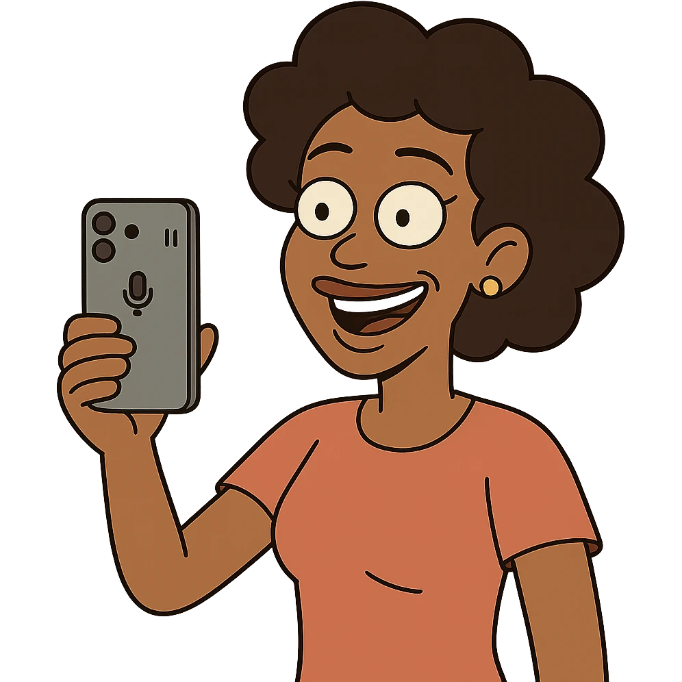 Afro-Caribbean female smiling, holding iPhone, recording emoji