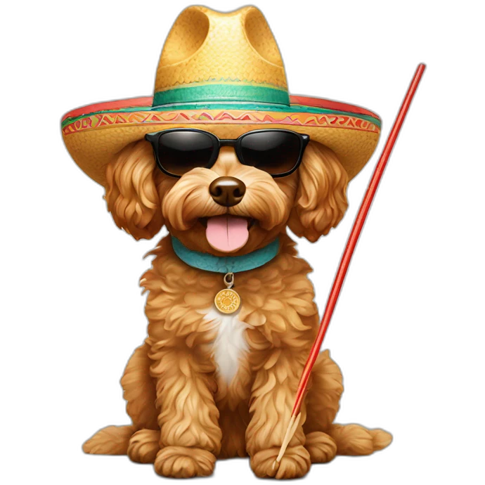 cavapoo wearing sunglasses and sombrero holding chopsticks emoji