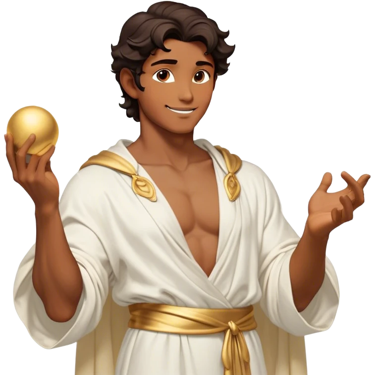 Cinematic Realistic Hercules Portrait, head tilted playfully and inquisitively, showcasing a charming blend of Disney heroic charisma and the refined grace of Michelangelo's David. His sun-kissed bronze skin and thick, wavy dark hair are rendered with classical precision, complementing a warm, inviting smile and sparkling, mischievous eyes. Clad in a softly draped white robe with subtle golden details, he exudes approachable strength under gentle, natural lighting. emoji