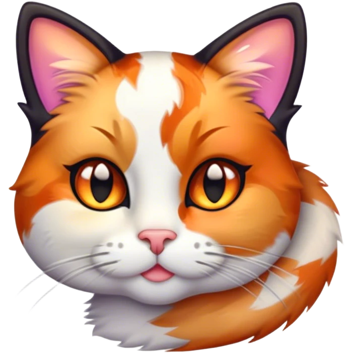 Cinematic Cute Calico Cat Portrait Emoji, Head tilted playfully with sparkling, inquisitive eyes and a charming patchwork fur of orange, black, and white, simplified yet irresistibly adorable, highly detailed, glowing with a warm, inviting glow, high shine, bubbly and affectionate, styled with a touch of whimsical feline charm, soft glowing outline, capturing the essence of a delightfully cute calico cat that looks as if it could prance off the screen into your heart! emoji