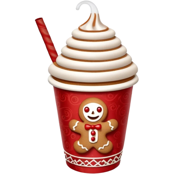 3D emoji of a festive paper cup from the Moscow Red Square Christmas fair. The cup features traditional Russian red and white ornaments. Steam is rising from the top, with a cinnamon stick and a small gingerbread man cookie peeking out. Glossy paper texture, soft 3D render, emoji