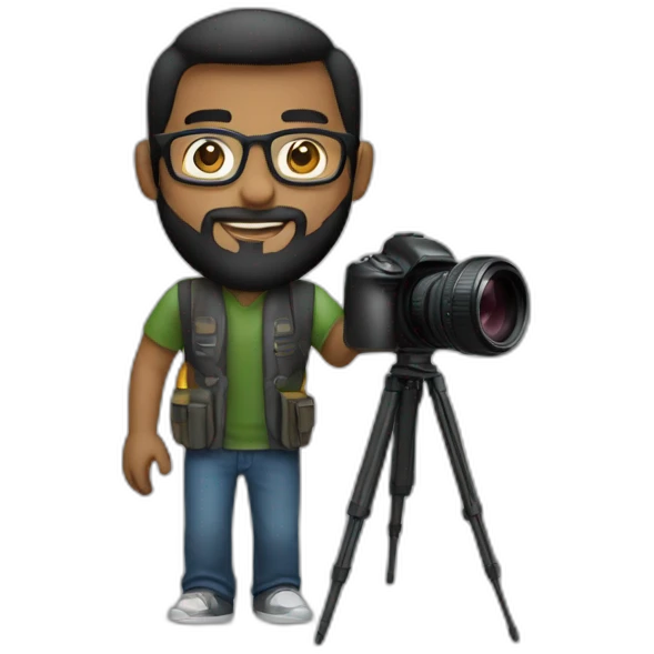 A photographer, young, black, straight hair, with a beard, wearing glasses and holding a camera in his hand. Using black emoji