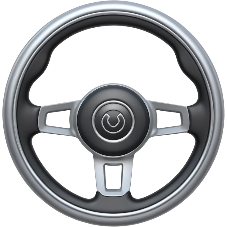 A futuristic steering wheel emoji made of silver chrome, minimal geometric design, smooth metallic surface, soft reflections, iOS emoji style, centered, clean white background emoji