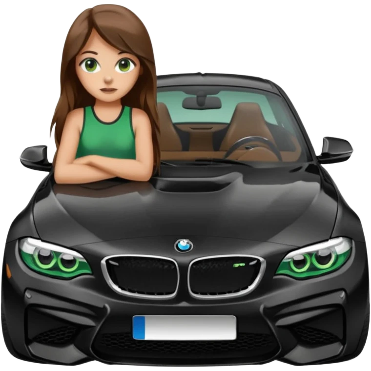 Beautiful Caucasian girl with green eyes and long brown hair  realistic girl doing sitting on the hood of BMW M2 car emoji