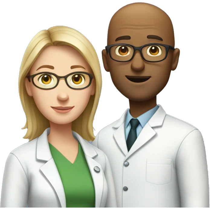 Two scientists standing together: one is a Caucasian bald man in lab coat , the other is a Caucasian woman in lab coat  with short brown hair and green glasses emoji