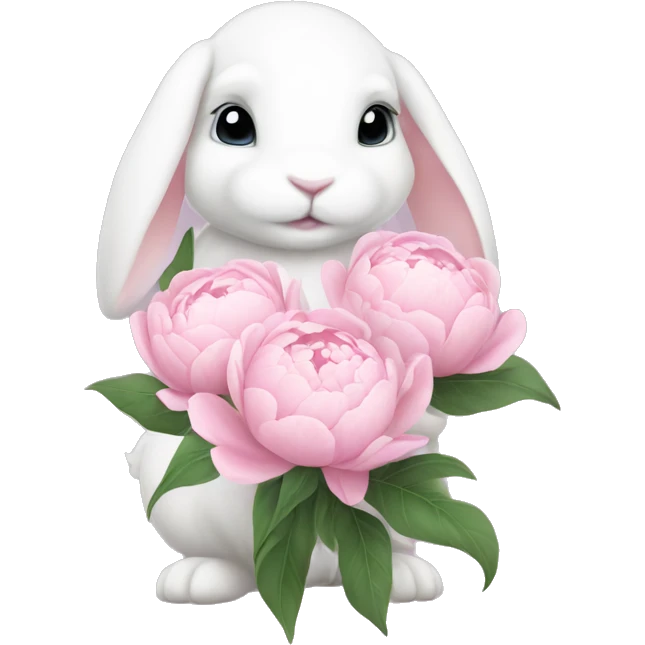 cute white bunny holding light pink peonies emoji