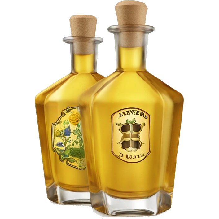 Elixir d'Anvers is a Belgian herbal liqueur known for its unique octagonal bottle and yellow color. The bottle has an octagonal base and body that taper slightly towards the top, with a short cylindrical neck and wide shoulders. emoji