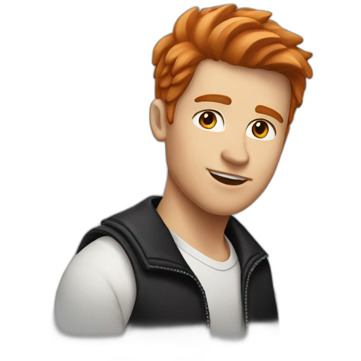 A red-haired, light-skinned, short-haired man in a black jacket and white shirt emoji