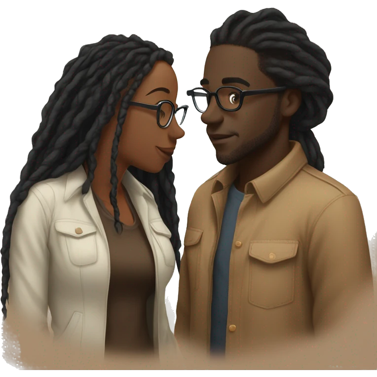 black couple with locs, male darkskin with long black locs, female brown skin with glasses and brown locs tied up kissing emoji