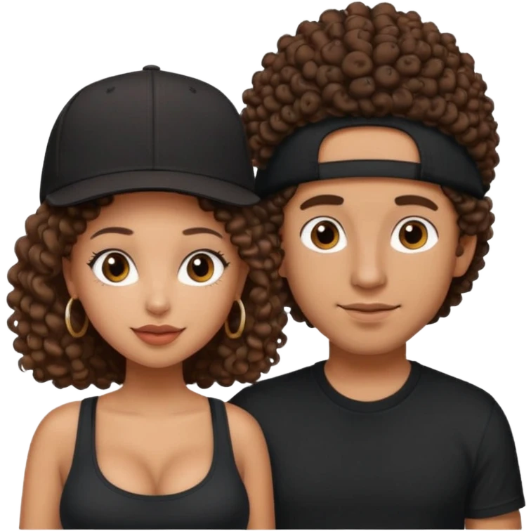 A picture of a loving tanned couple. the guy is Mexican, with a bald hair cut and he has a SnapBack hat on. The girl is mixed, the girl is wearing a black shirt, the girl has brown curly big hair and the girl has big boobs  emoji