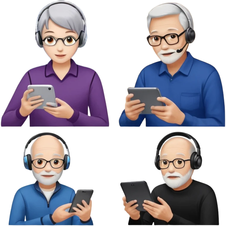 Please make it again in the style you just sent me. All devices should be Galaxy.
1. MZ users using headsets and watching youtube
2. A person holding a tablet in one hand and a smartphone in the other
3. Senior who enjoys looking at his cell phone
4. Creators working hard with Galaxy Tab + keyboard  emoji