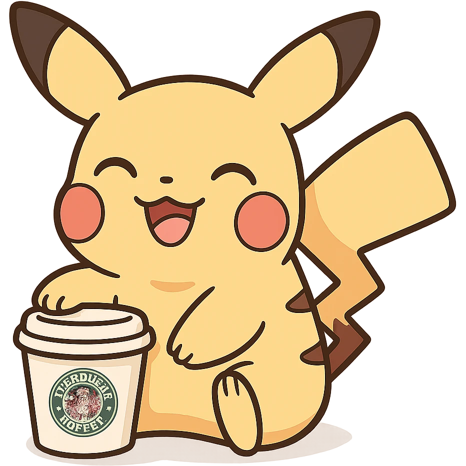 cute style Pikachu next to a miniature Starbucks cup, happy expression emoji