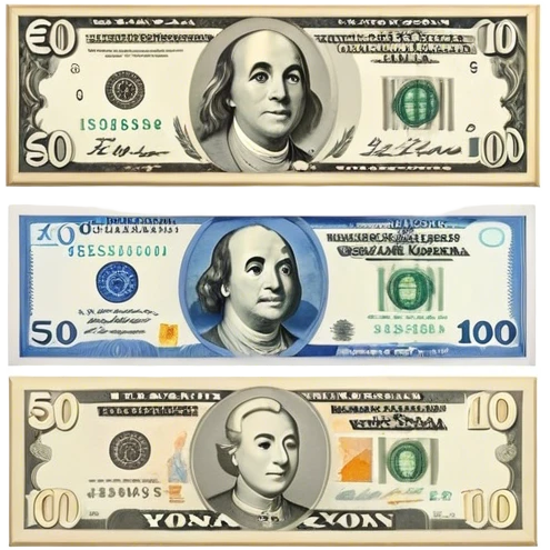 Icon for Banknote Collecting: old and new banknotes from different countries such as Euro, Dollar, Yen, Krona, Yuan, and others, displayed in frames on a wall. The icon should evoke the diversity and richness of currency collection. Transparent background. emoji