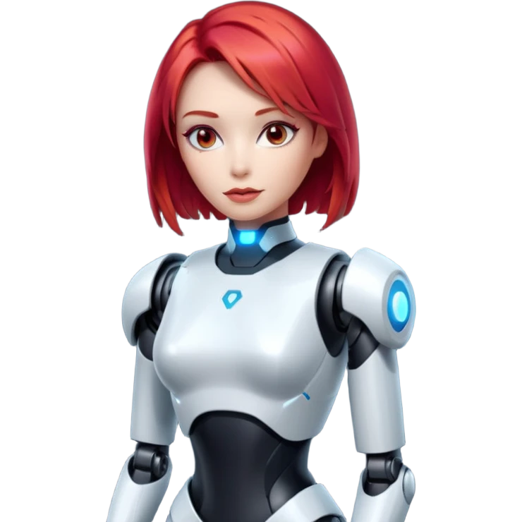 an AI robot, futuristic, digital, glowing, sexy dress, red hair emoji