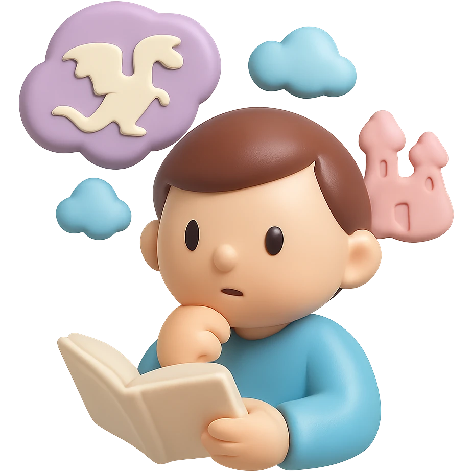 beginner author, thoughtful, imagining various fantasy worlds emoji