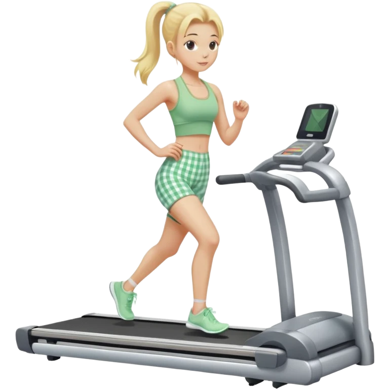 blonde girl on treadmill wearing light green gingham yoga set emoji