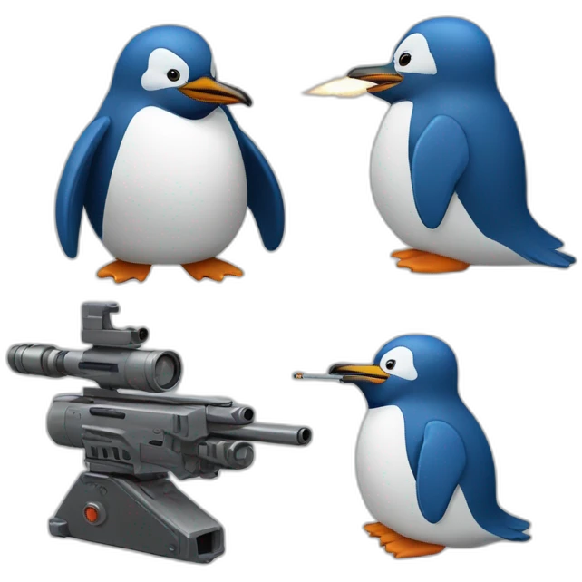 grey penguin and blue penguin shooting minigun emoji