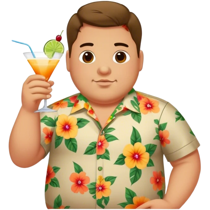 chubby guy in a flowered shirt holding a cocktail emoji