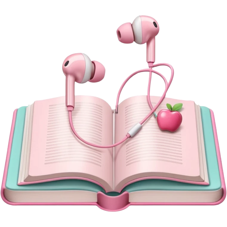 pink Pink Apple-style earbuds lying on an open book, soft pastel tones, cozy and minimal aesthetic, realistic lighting and shadows, top-down view, transparent background" emoji