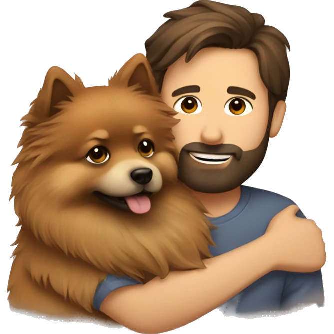 Bearded man brown hair hugging pomeranian emoji