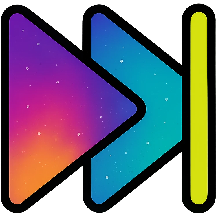 two right-pointing triangles or right-pointing triangle with vertical line next symbol, vibrant moving galaxy colors, yellow or green neon glow border emoji