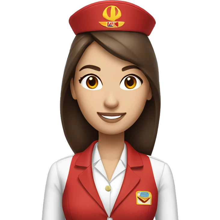 Stewardess in red uniform with long brown hair and brown eyes emoji