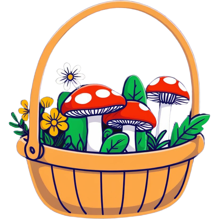 basket full of forest goodies including mushrooms, herbs, flowers in soft pastel colors, cartoonish sticker style emoji