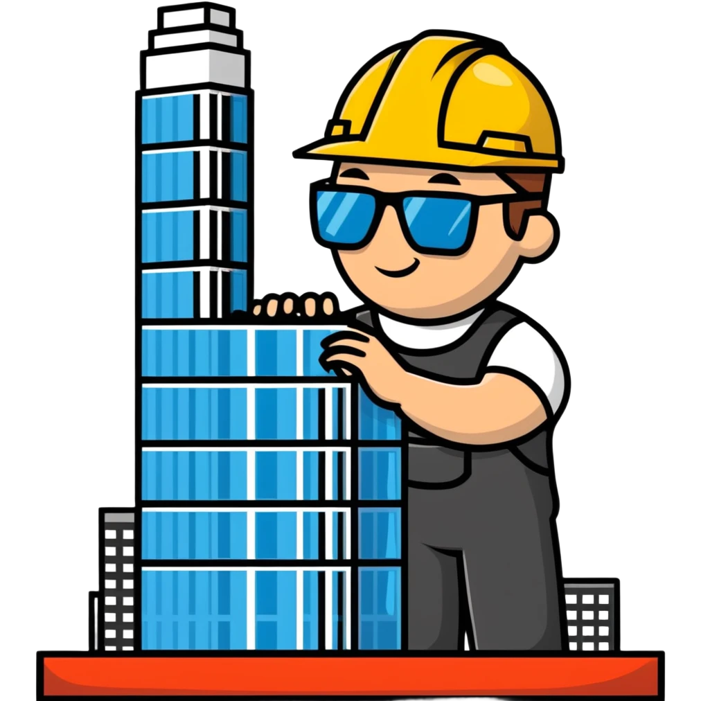 man building a model of a skyscraper wearing transparent safety glasses emoji